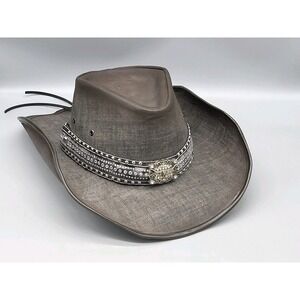 Kenny K Black Gray Faux Leather Studded Rhinestone Cowboy Hat Western Sz L